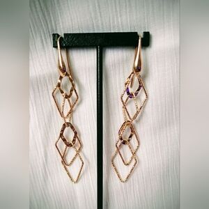 Elegant Diamond Cut Rose Gold Vermeil 925 Geometric Dangle Earrings 2 3/4" Long